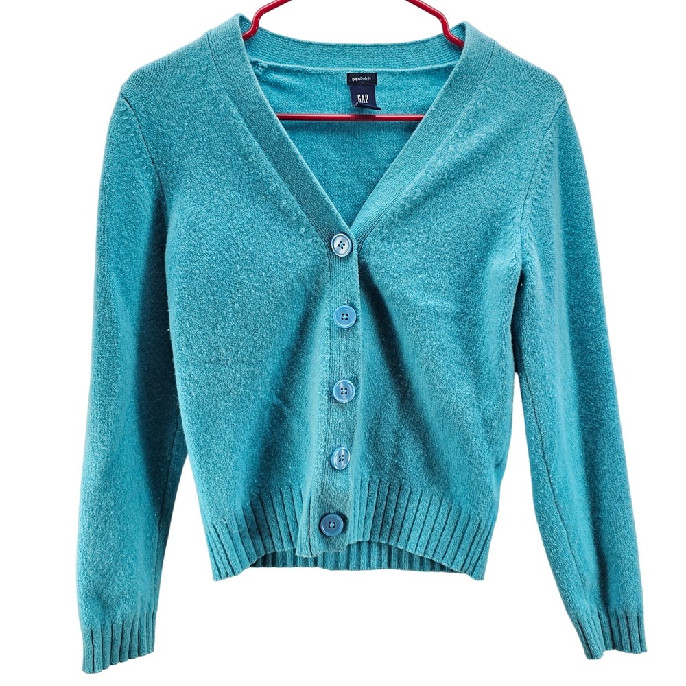 GAP‎ Gapstretch Teal Cardigan Sweater Women's Medium Lambswool V-Neck Button Up